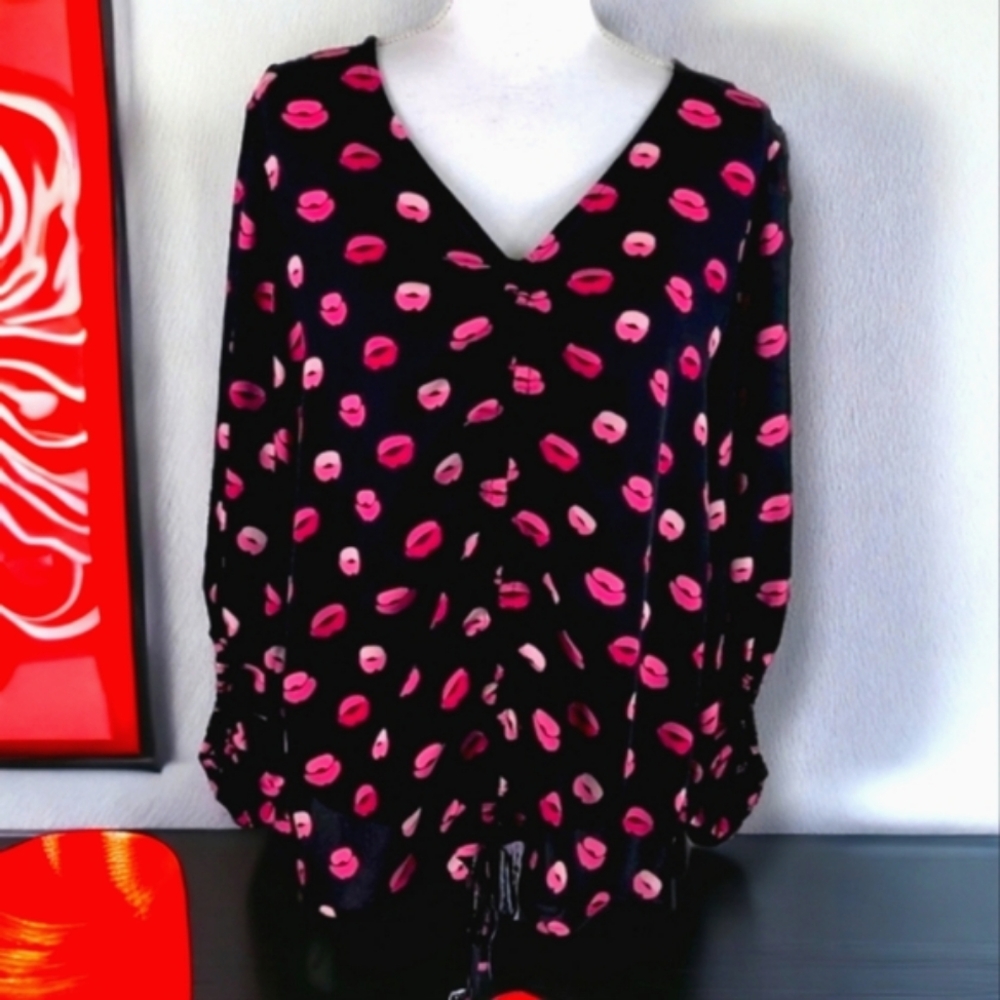 #R Cato Est 1946 women balloon sleeves ruched front tie top Sz pink black 18 20W
